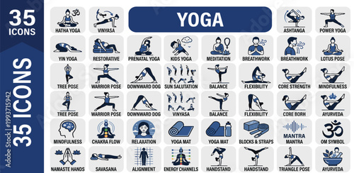 Extensive collection of yoga icons featuring various poses, meditation, and wellness practices to support physical health, mental well-being, and a mindful lifestyle
