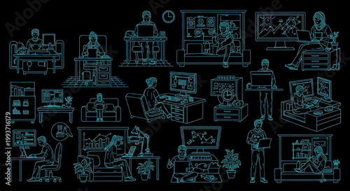 AutoCAD Company Remote Work Vector Set – Work From Home Team Multiview Smart Work Poses Cyan Outline on Black Background