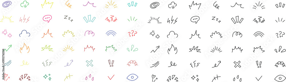 Fototapeta premium Doodle manga comic expression icon set collection cartoon effects symbols burst spark speech cloud motion lines, fun sketch elements, black style vector illustration isolated transparent background