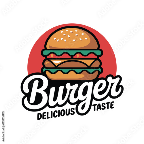 Colorful cartoon illustration of a stacked burger with the word burger