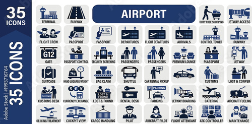 Comprehensive vector icon set depicting various airport operations, air travel processes, and essential services for passengers, crew, and aviation facilities