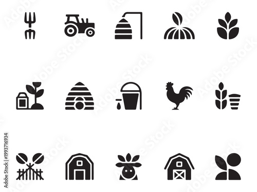 Farm Life and Rural Tools Icon Set, Agriculture and Countryside Equipment Vector Graphics