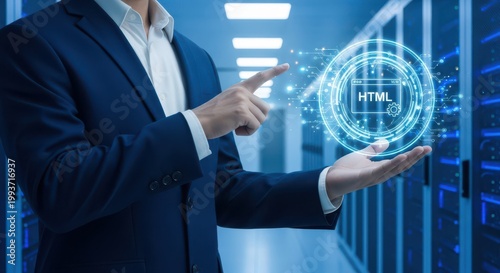 Businessman interacting with a digital html interface in a server room