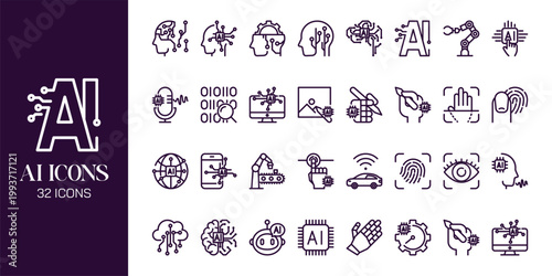 Artificial Intelligence Icon Set with AI Brain, Machine Learning, Robot, Data Network and Futuristic Technology Vector Collection