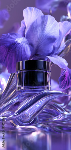 Fragrant perfume bottle with purple iris flower on flowing waves  