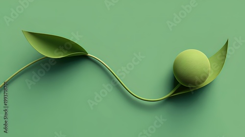 Organic 3D Green Leaf and Round Bud on Wavy Stem with Textured Green Background for Environmentally Friendly Design Projects and Apps
