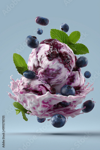 Ice cream scoop with blueberries and mint leaves on blue background  