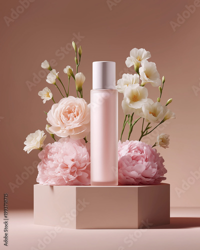 Elegant skincare bottle surrounded by soft pink flowers on pedestal  