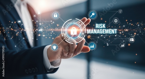 Businessman touching a digital interface with risk management concept icons