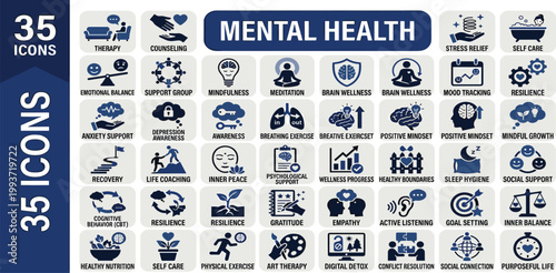 Comprehensive Collection of Modern Vector Icons Representing Mental Health, Emotional Well-being, Psychological Support, and Self-Care Concepts for Digital Designs and Web Applications
