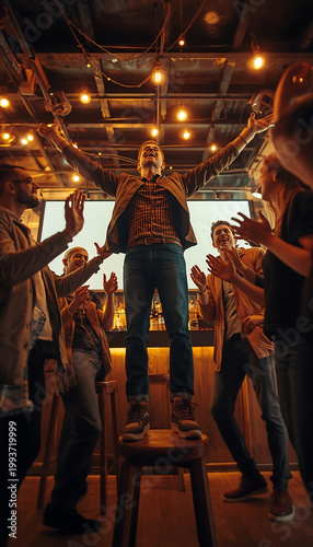 Young man standing on stool with arms raised in celebration surrounded by friends in a dimly lit room with string lights
