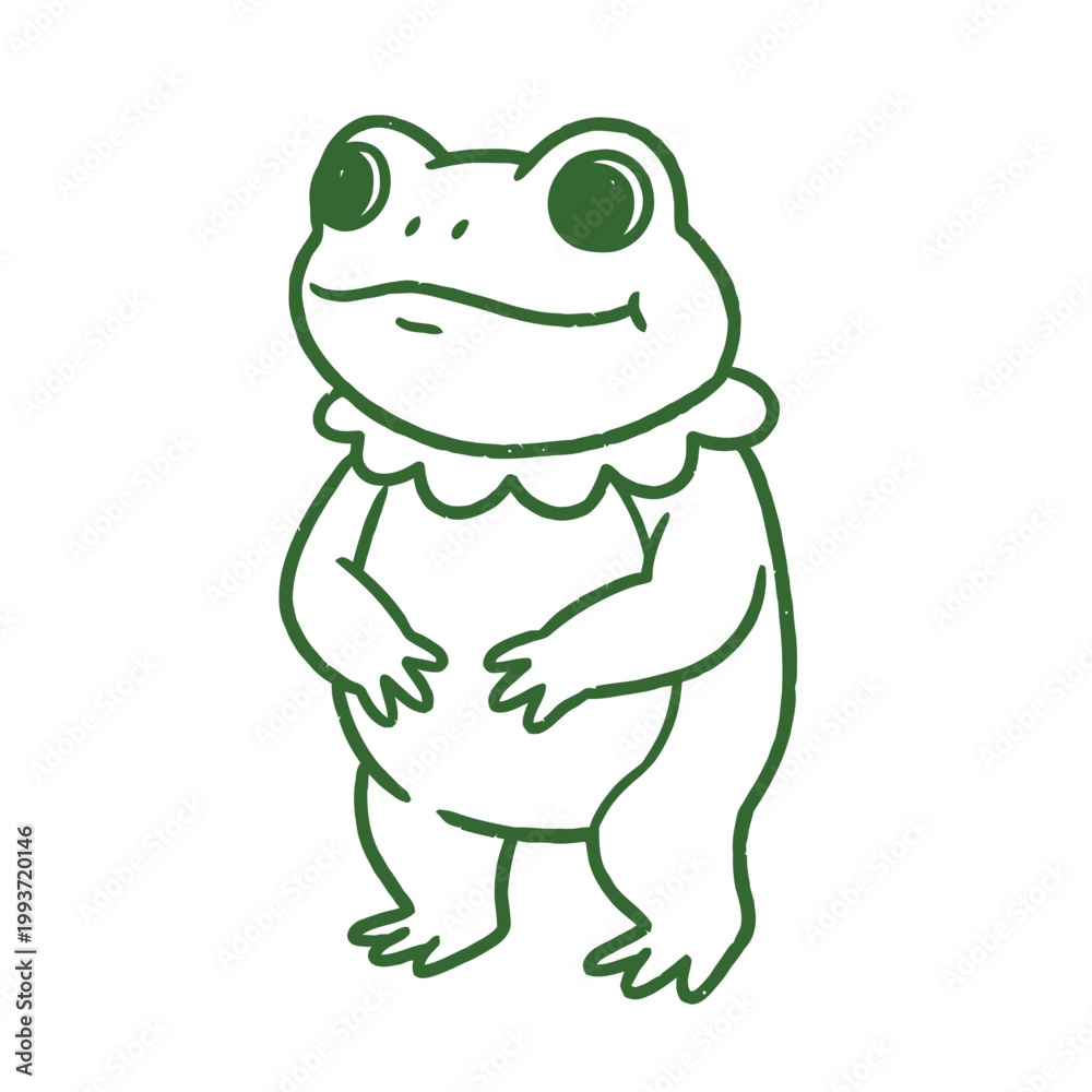 Fototapeta premium Vector illustration of a standing frog mascot. Minimalist green line art, cute amphibian character with a happy expression isolated on white.