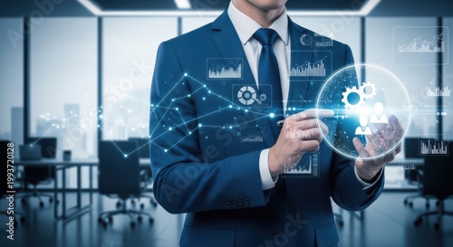 Business professional interacting with digital data visualization and human resource management interface in modern office