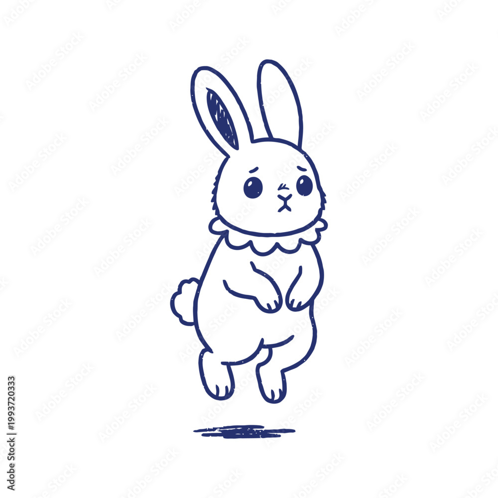 Fototapeta premium Active bunny rabbit character jumping or hopping with excitement. Blue line art minimalist illustration of energy and action.