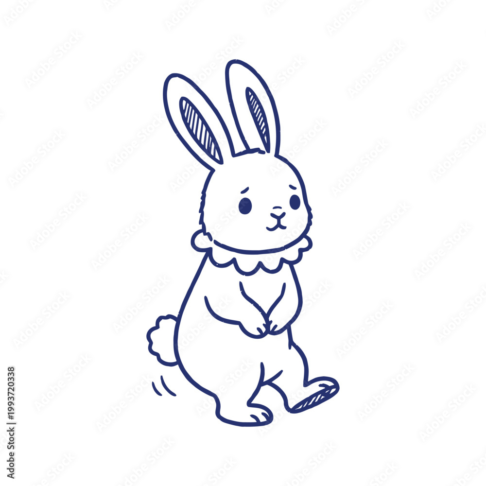 Obraz premium Vector illustration of a walking happy bunny. Minimalist blue line art, cute rabbit mascot exploring, isolated on white.