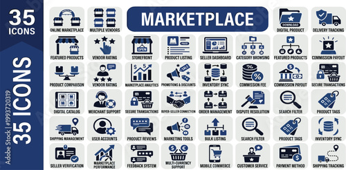 Set of 35 Marketplace Icons for Digital Commerce, Shopping, and Business Management