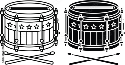 A black and white illustration of two snare drums with drumsticks on a plain background