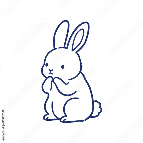 Cute bunny rabbit looking shy and modest with its paws held together. Blue line art minimalist illustration.