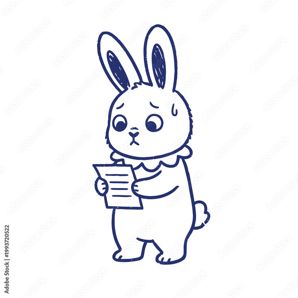 Fototapeta premium Minimalist vector of a surprised bunny character. Cute animal mascot with shock expression in blue line style isolated on white.