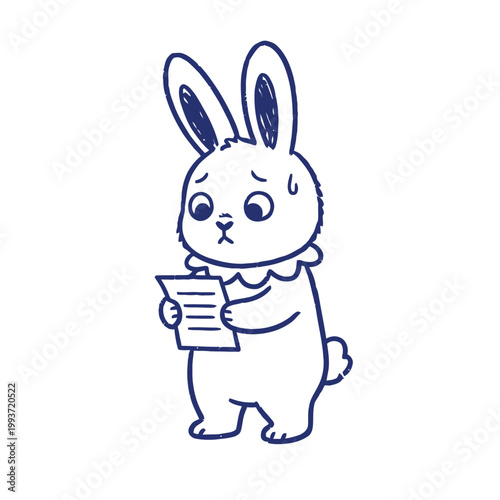 Minimalist vector of a surprised bunny character. Cute animal mascot with shock expression in blue line style isolated on white.