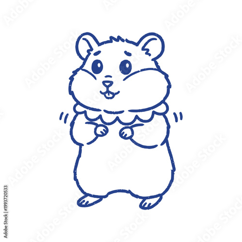 Minimalist vector of a standing shy hamster. Cute pet mascot in blue line style with a frilled collar isolated on white.