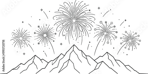 A festive illustration of fireworks exploding above a mountain range on a celebratory night