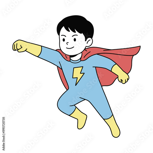 Flat design vector of a boy superhero flying through the air. Concept of strength, bravery, and childhood hero, pastel colors.