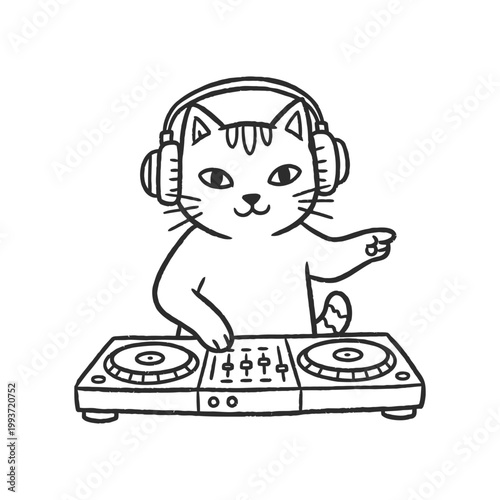 Minimalist DJ cat character with headphones and mixer console. Vector line art illustration of a cat disc jockey isolated on white.