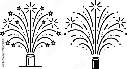 A simple black and white illustration of two fireworks exploding in the night sky