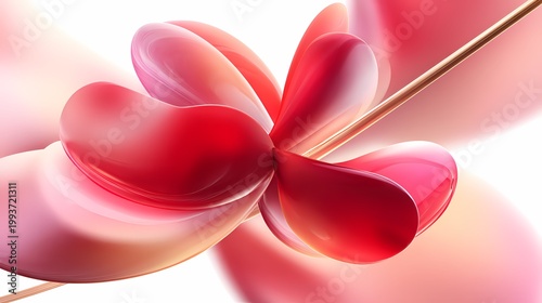 Dynamic glossy red and pink flower petals with fluid motion effect on white background, vibrant 3D abstract art for spring design