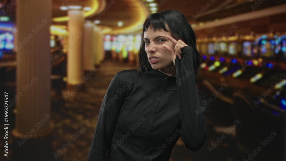 Fototapeta premium Young hispanic woman squinting eye pinching fingers near slot machine in casino; skepticism risk caution.