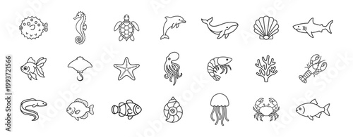 Slika na platnu Marine animal sea collection outline icons set on transparent background