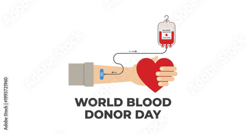 World blood donor day illustration a hand holding a heart with blood donation setup