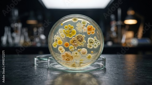 Close-up of diverse microbial colonies growing in a petri dish in a laboratory setting