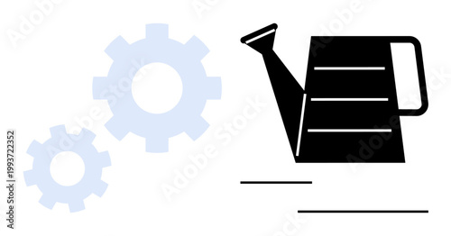 Teamwork, innovation, growth, environmental care, productivity, business development. Black watering can alongside blue gear icons. Teamwork and growth concept in business and environment