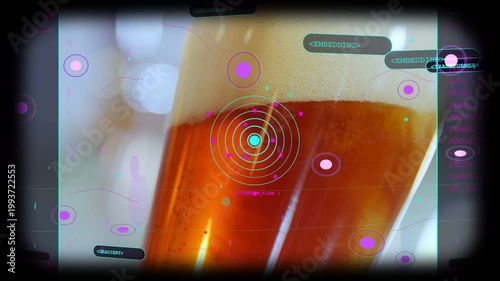 Reticle appearing, tall beer glass undergoing tech analysis, HUD rings pulsing, pink nodes settling