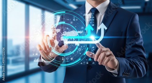 Businessman interacting with a digital interface showing global business growth and data analytics