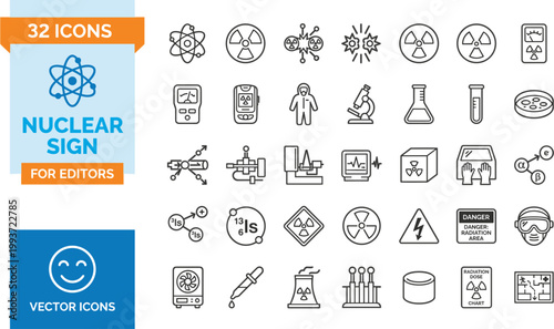 A set of 32 black line icons depicting various nuclear science and laboratory symbols, including atoms, beakers, and warning signs, isolated on white background