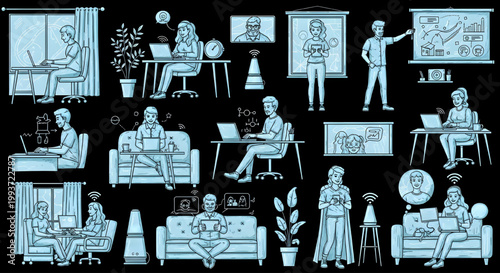 AutoCAD Work From Home People Vector Set – Remote Digital Lifestyle Multiview Smart Work Poses Cyan Outline on Black Background