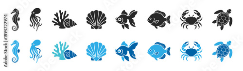 Принти на полотні Marine animal sea collection outline icons set on transparent background
