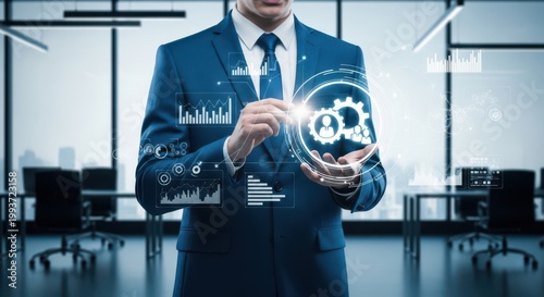 Businessman interacting with digital human resources and management interface