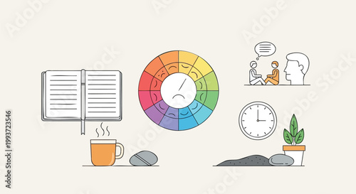 Illustration of emotional well-being practices mood tracking, mindful communication, and daily habits for a balanced life