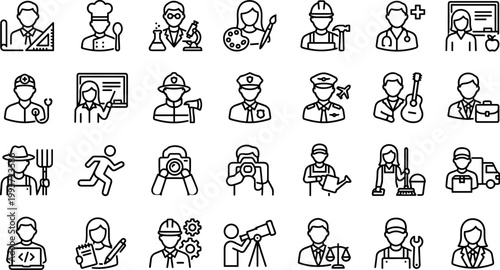 Black and white line icons of people in different professions and activities, arranged in a grid pattern on a white background