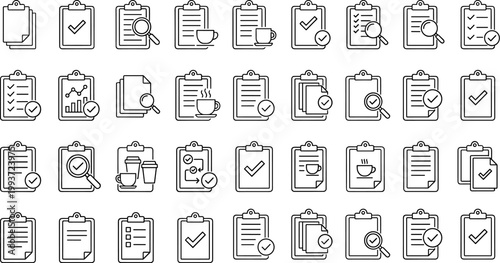 A set of line art style clipboard icons in black lines on a white background, featuring different symbols and checkmarks