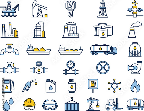 A collection of blue and yellow oil and gas icons on white background depicting extraction, refining, transportation, and key sectors