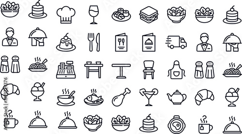 A collection of 30 black line icons on white background depicting various restaurant and food service elements with editable stroke