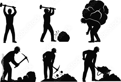 Mining workers silhouette set, laborers breaking stones with sledgehammer and pickaxe.