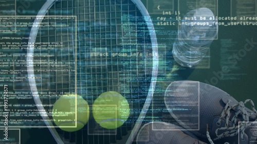 Data starting, racket and balls staying static with code overlays sliding for sports analytics