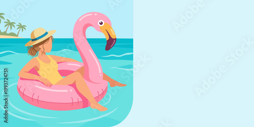 Woman in swimwear relaxing on inflatable flamingo float in ocean. Summer vacation concept with tropical beach background. Holiday leisure activity with copy space for travel promotion.