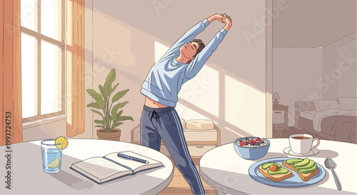 Young person stretching in a sun-drenched bedroom, embracing a healthy morning routine with breakfast and mindfulness